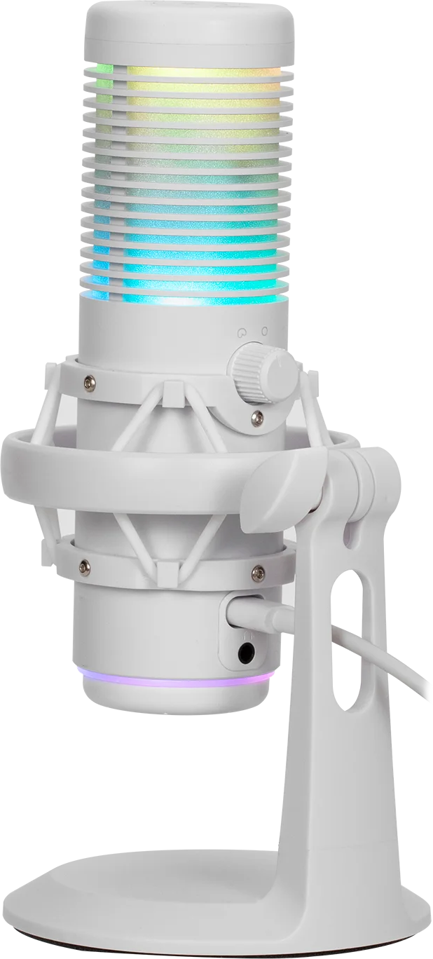 Fehér mikrofon RGB világítással állványon.