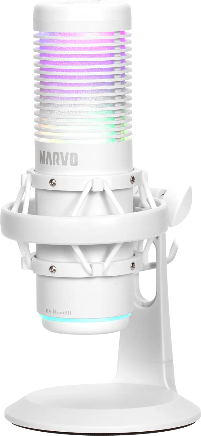 Fehér mikrofon RGB világítással és Marvo logóval, állványon.