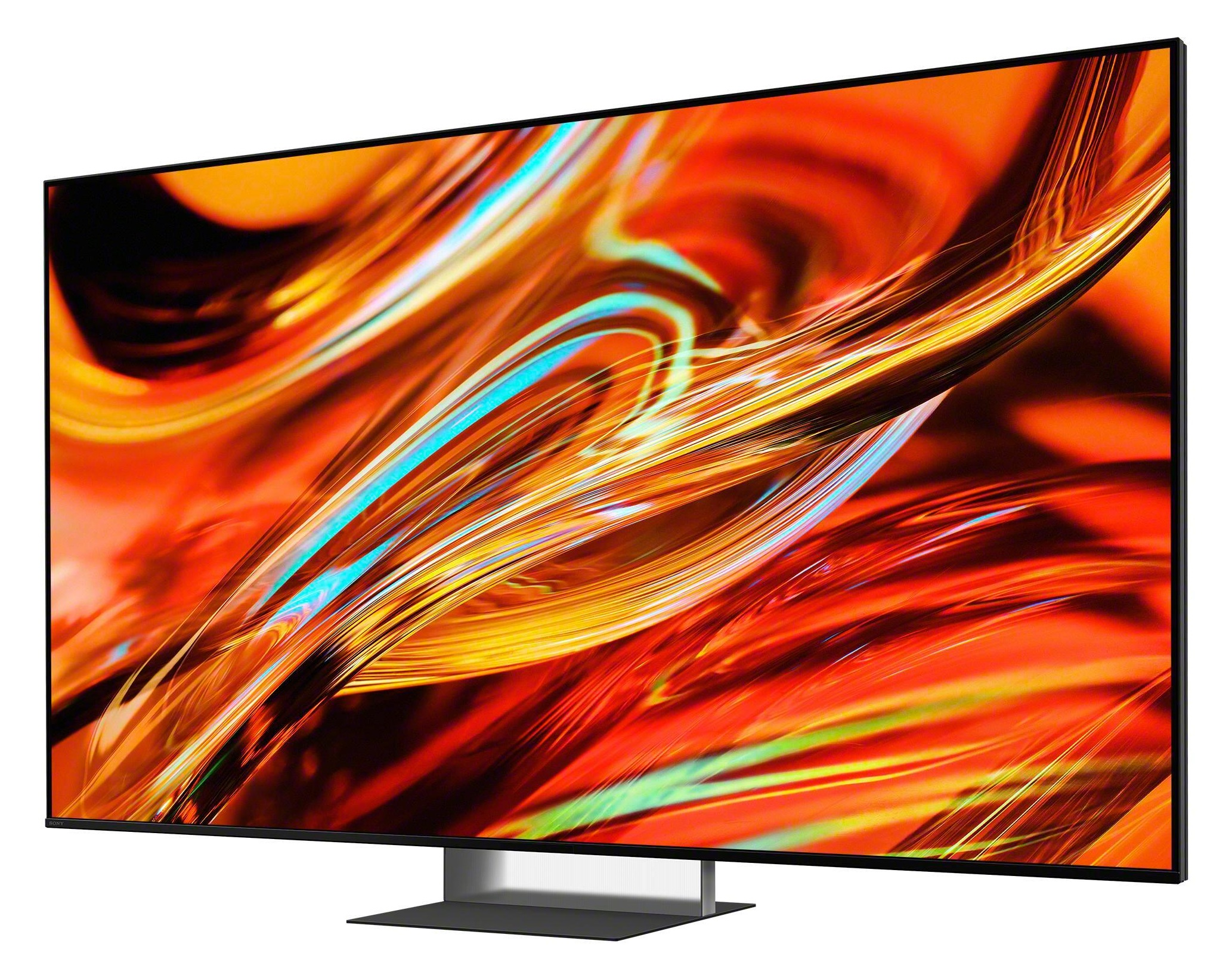 Nowoczesny telewizor wyświetlający dynamiczny, płynny wygaszacz ekranu w odcieniach pomarańczu i żółci.