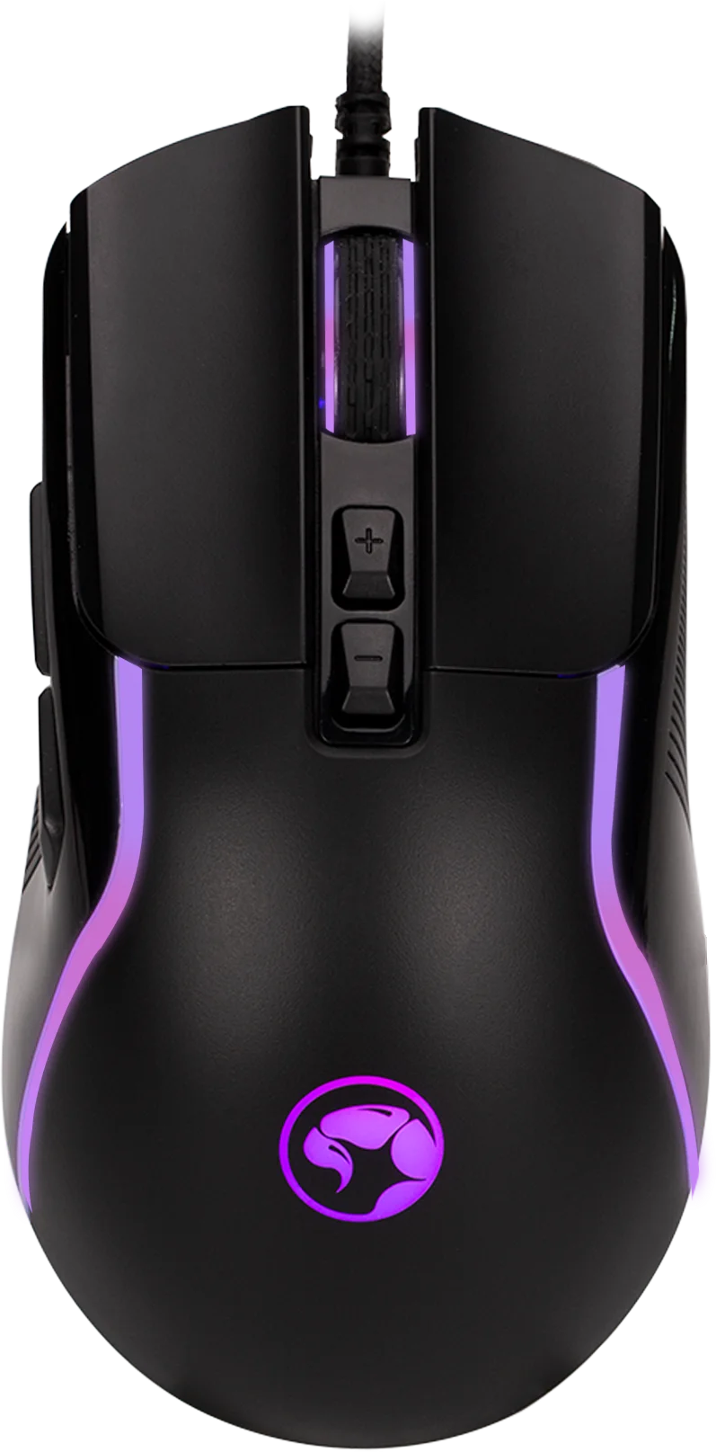 Fekete gamer egér lila LED világítással és skorpió logóval.