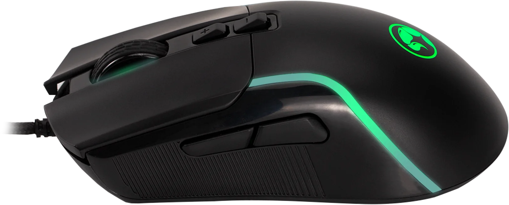 Fekete gamer egér zöld világítással, görgetőkerékkel és oldalsó gombokkal.