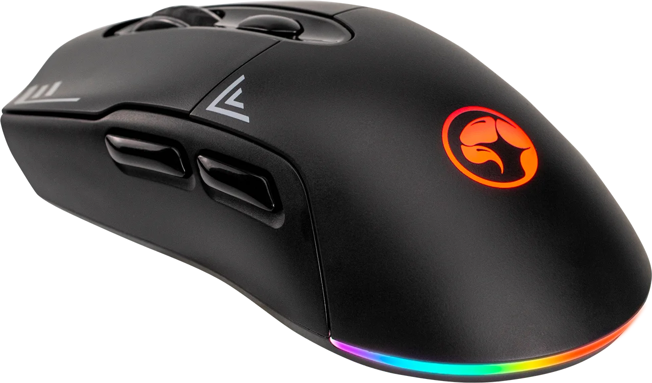 Fekete gamer egér RGB világítással és világító logóval.