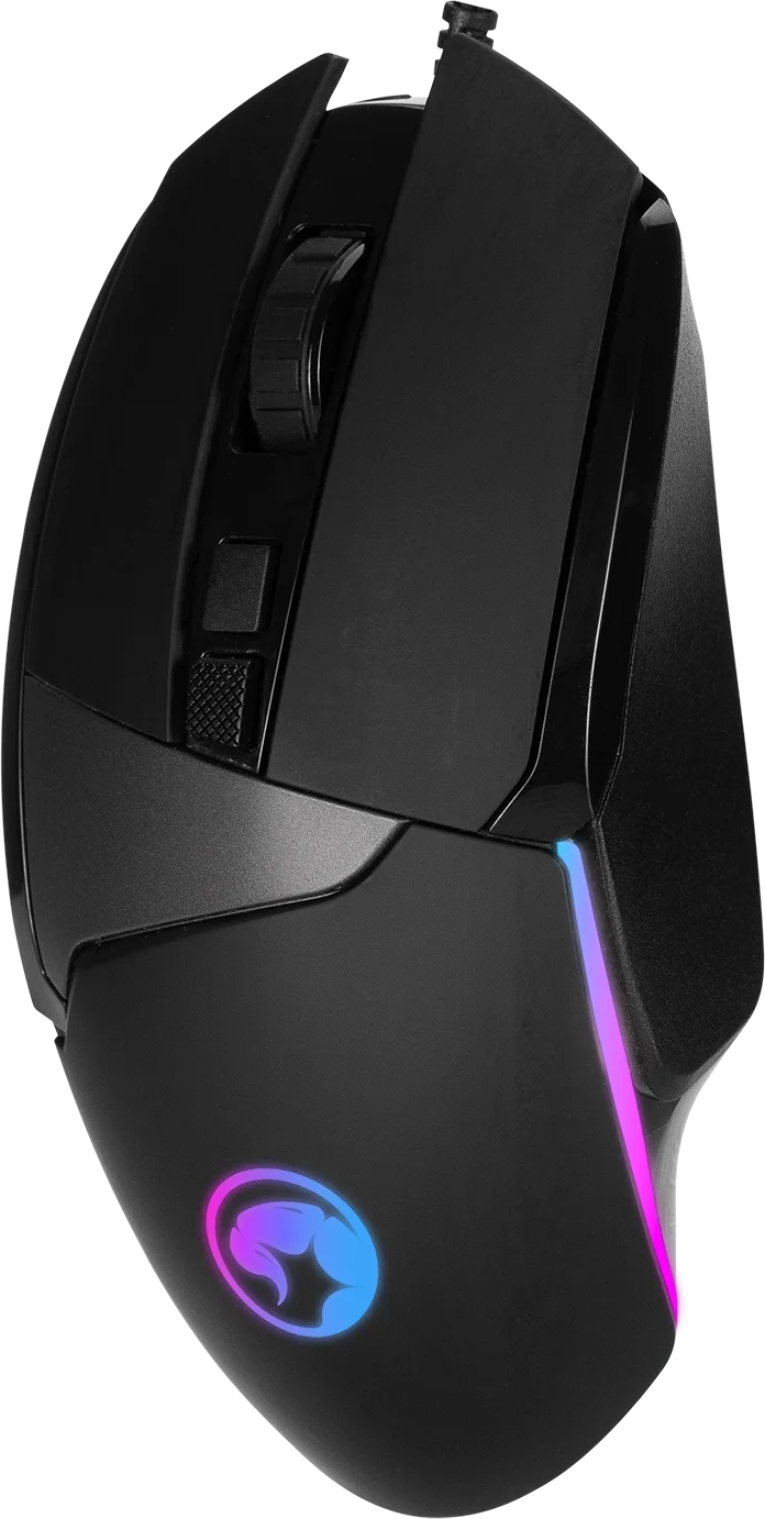 Fekete gamer egér világító logóval és RGB ékezetekkel.