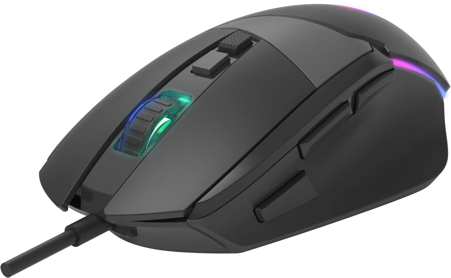 Fekete gamer egér RGB világítással a görgetőkeréken és a végén.