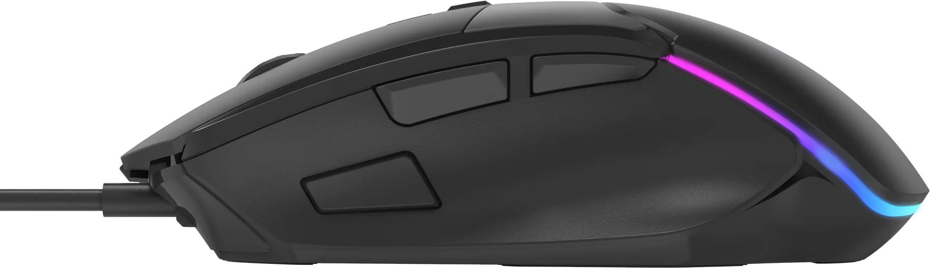 Fekete gamer egér RGB világítással, oldalsó gombokkal és kábellel.
