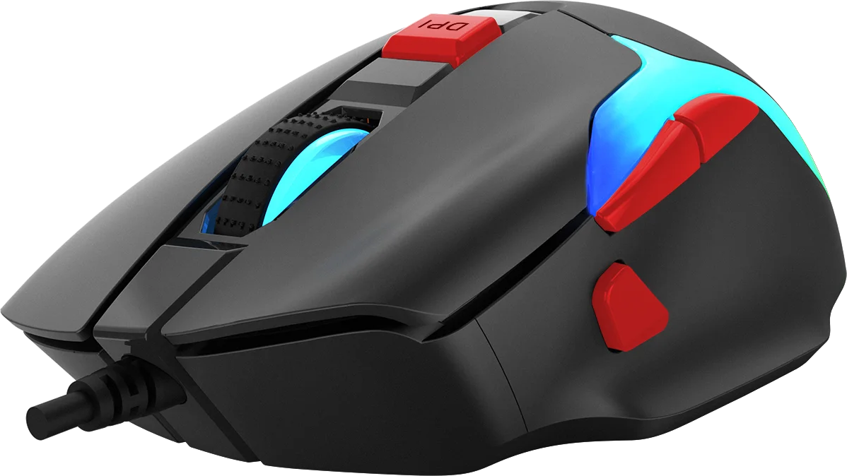 Fekete gamer egér kék fényekkel és piros gombokkal.