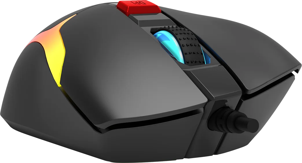 Fekete gamer egér kék görgővel és piros DPI gombbal.