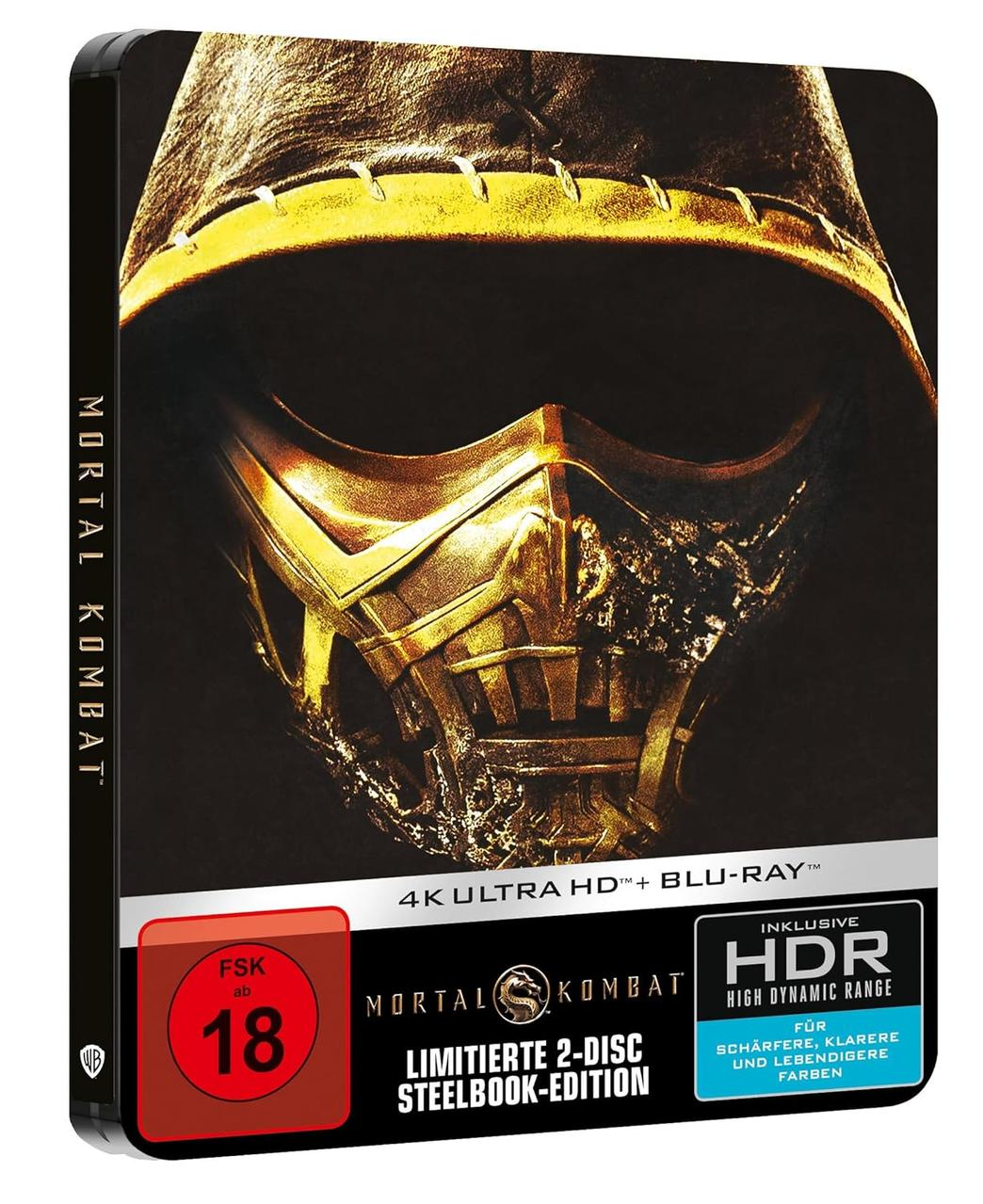 Mortal Kombat Steelbook Edition 4K UHD+Blu-Ray mit Scorpion-Maske und FSK 18 Siegel.