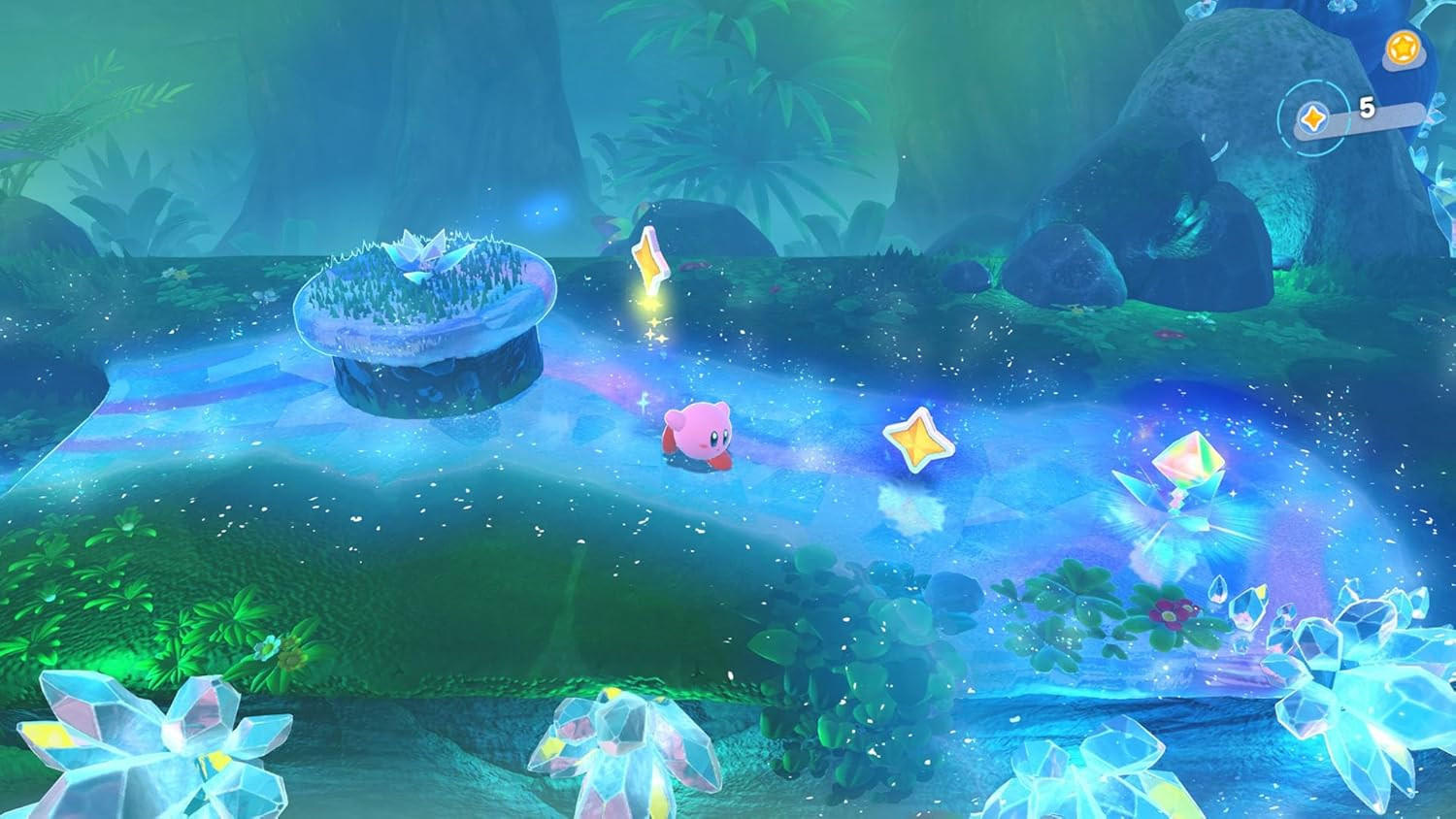 Pinker Kirby läuft auf einem leuchtenden blauen Pfad in einem magischen Wald mit Kristallen und Sternen.
