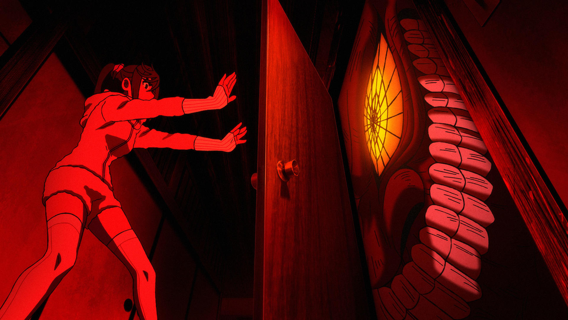 Ein Anime-Mädchen mit roten Händen, das sich vor einer dunklen Tür mit einem monströsen Auge fürchtet.