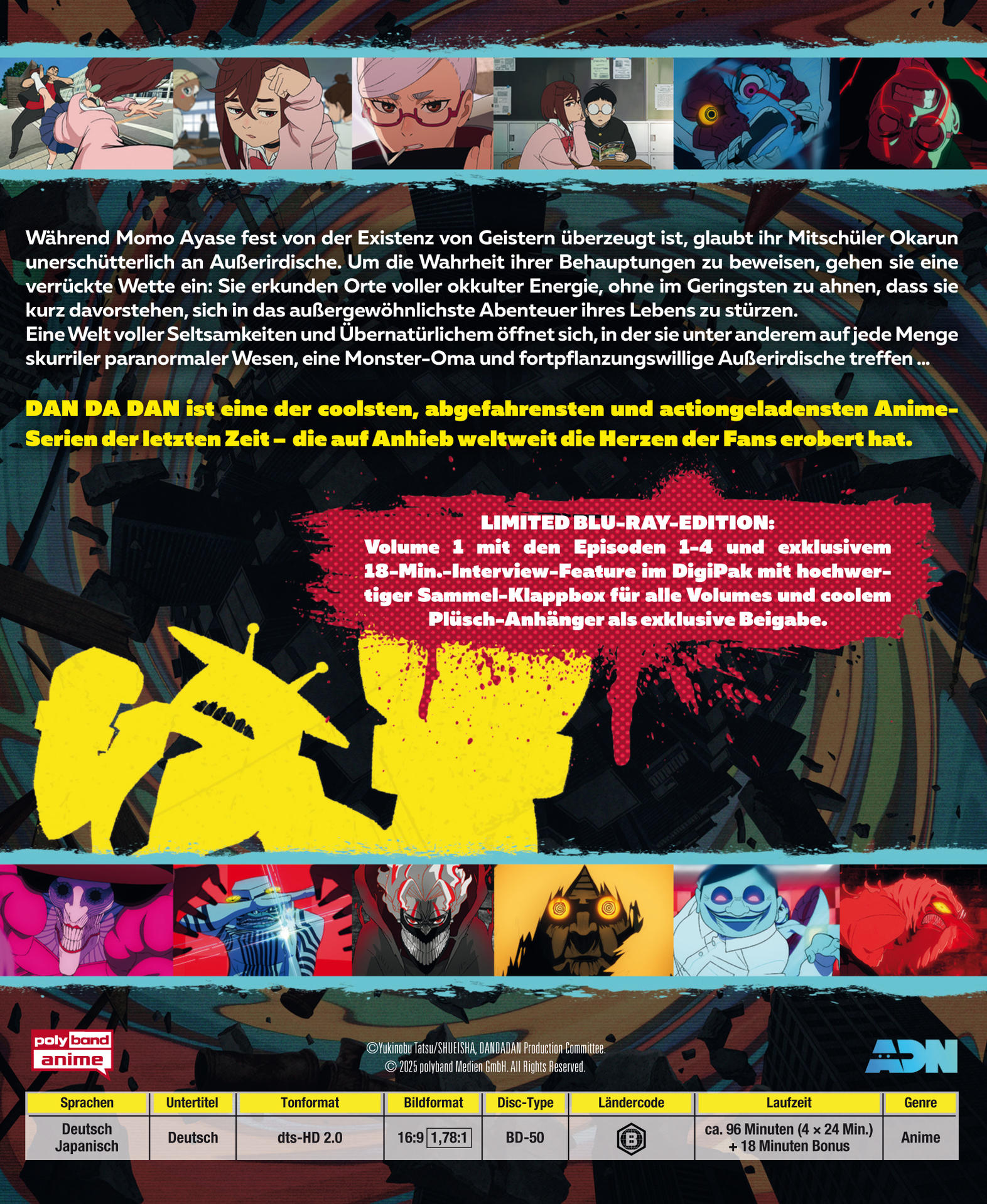 Anime "Dan Da Dan" Blu-ray Hülle mit Szenenbildern, Charakteren und Details zur Edition.