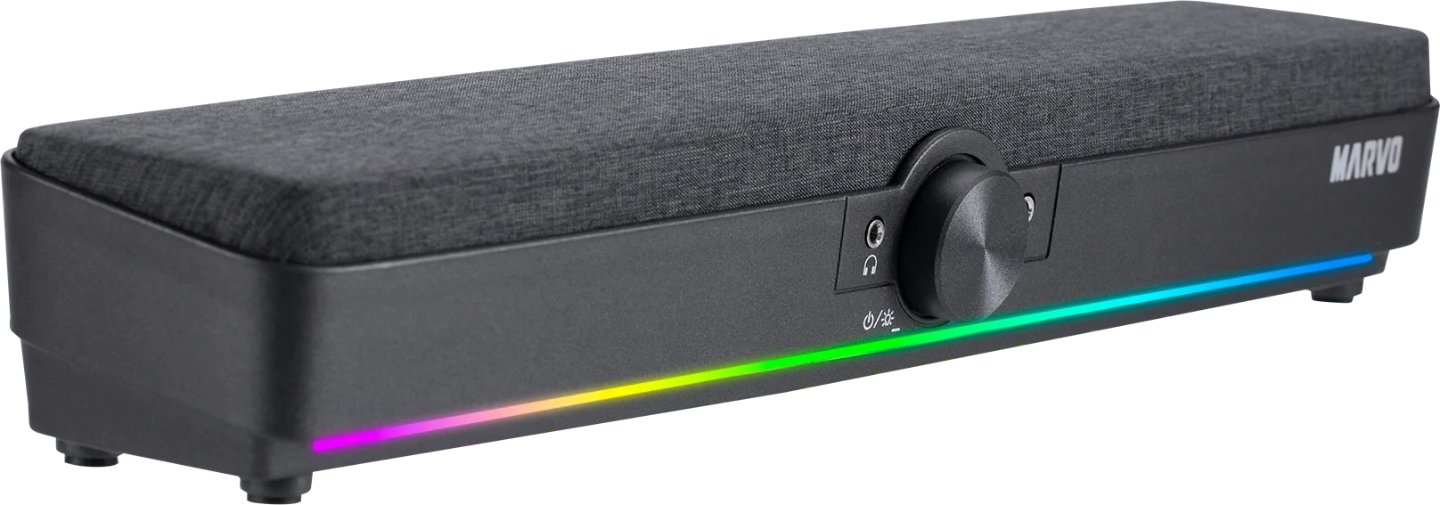 Fekete hangszóró szövet felsővel, hangerőszabályzóval és RGB világítással.