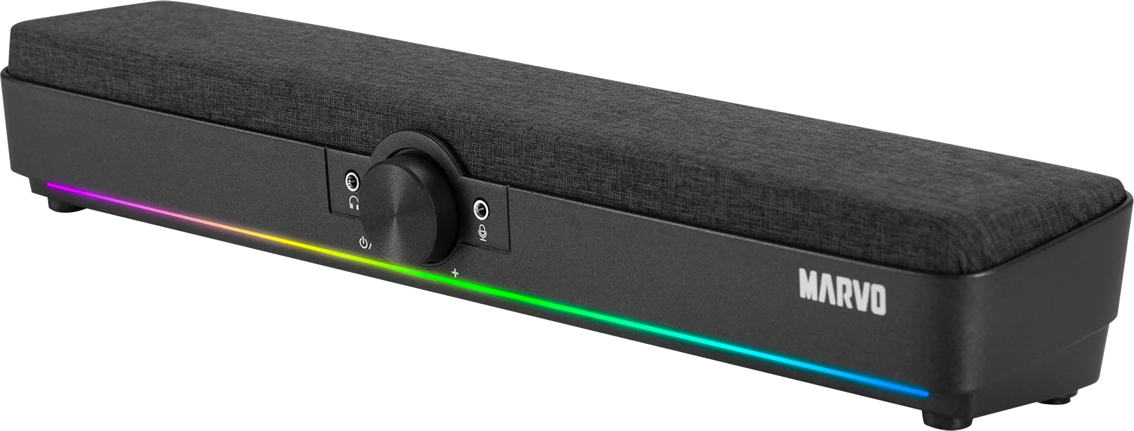 Fekete hangszóró, szövet fedlappal, gombbal és RGB világítással.