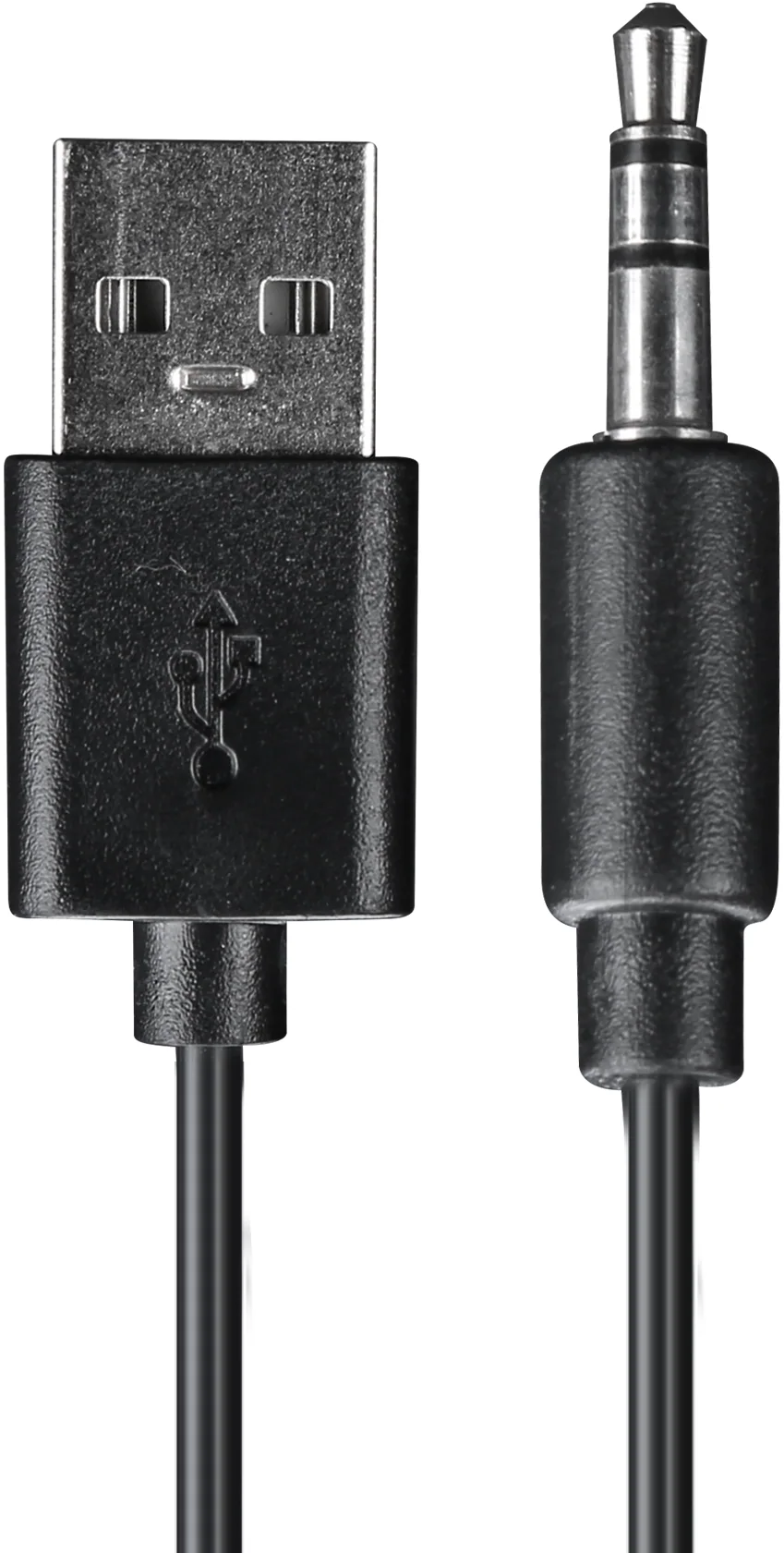 Egy fekete USB kábel 3,5 mm-es jack dugóval.