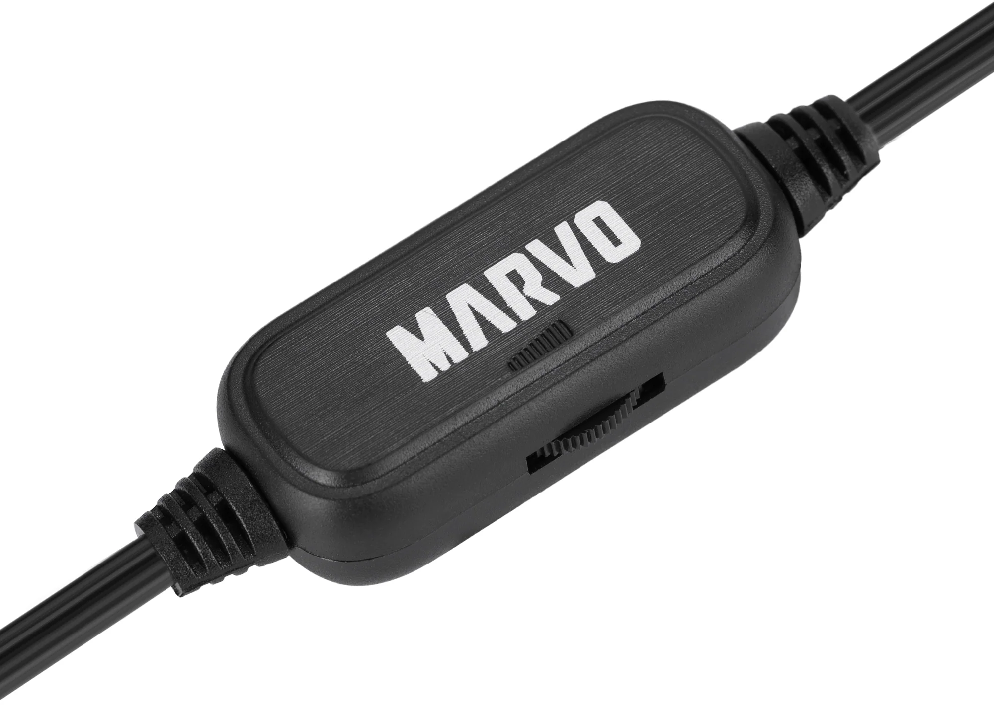 Fekete kábelvezérlő "MARVO" logóval és hangerőszabályzóval.