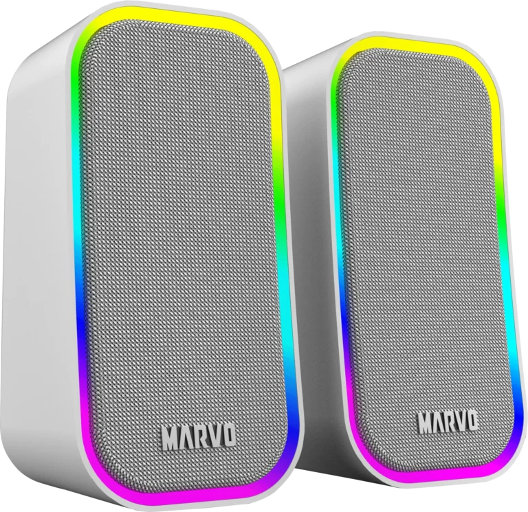 Két fehér MARVO hangszóró RGB világítással fekete háttéren.