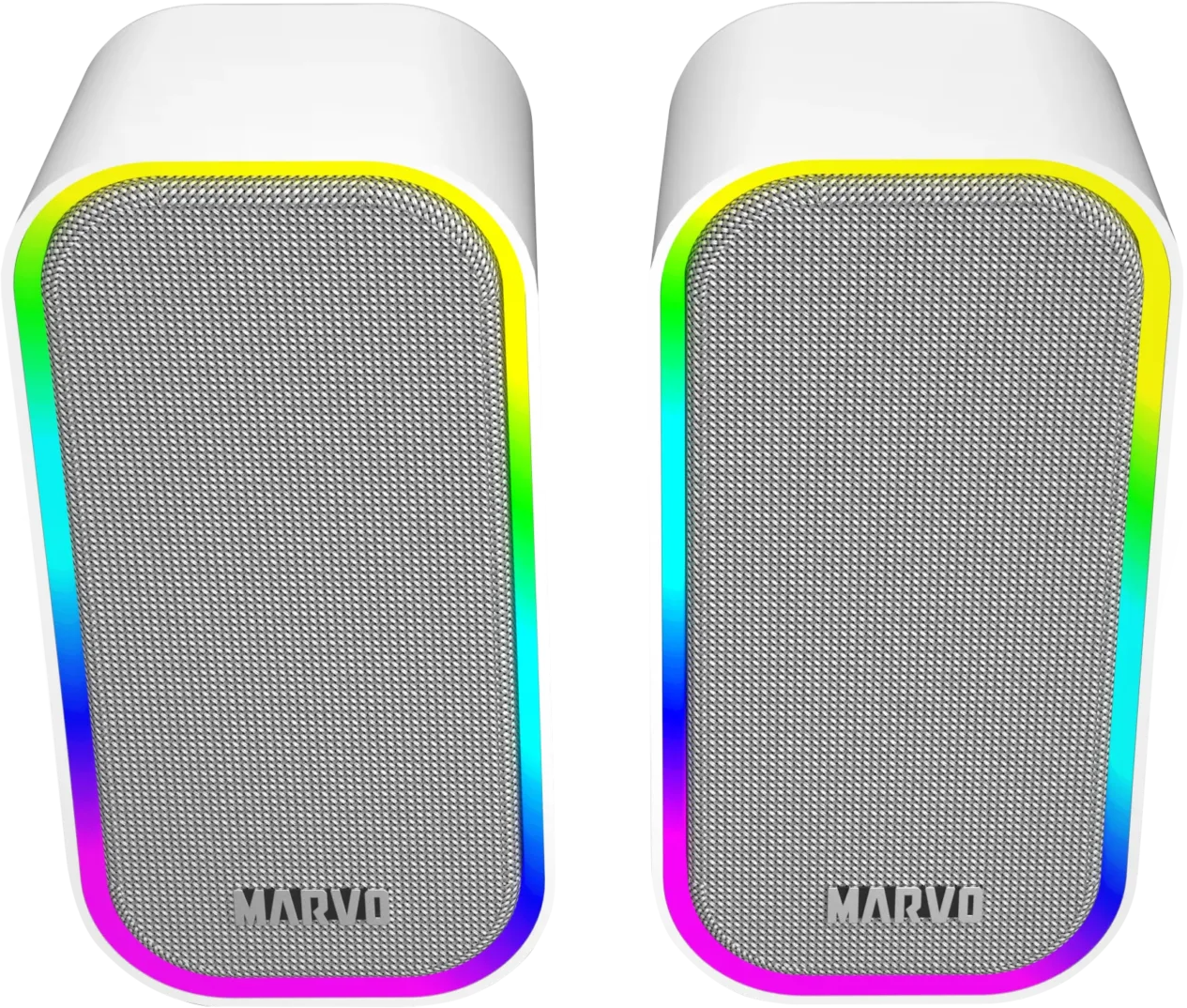Két fehér MARVO hangszóró RGB világítással egymás mellett látható.