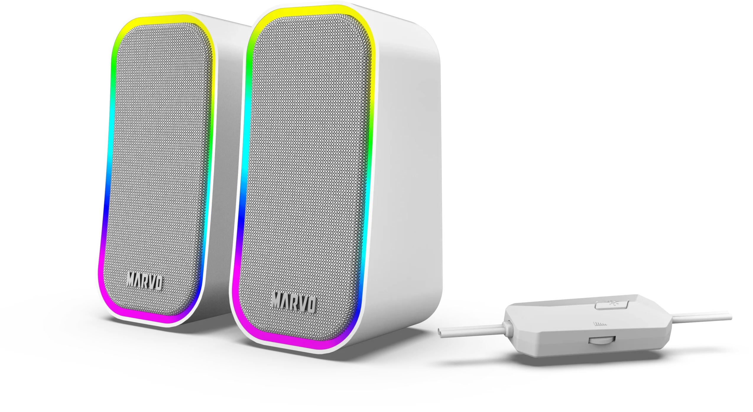 Két fehér MARVO hangszóró RGB világítással és egy fehér kábelvezérlő.