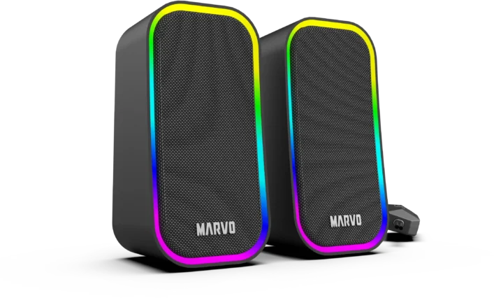 Két fekete Marvo hangszóró RGB világítással sötét háttéren.