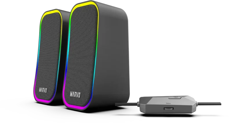 Két fekete hangszóró RGB világítással és egy vezérlőegység.