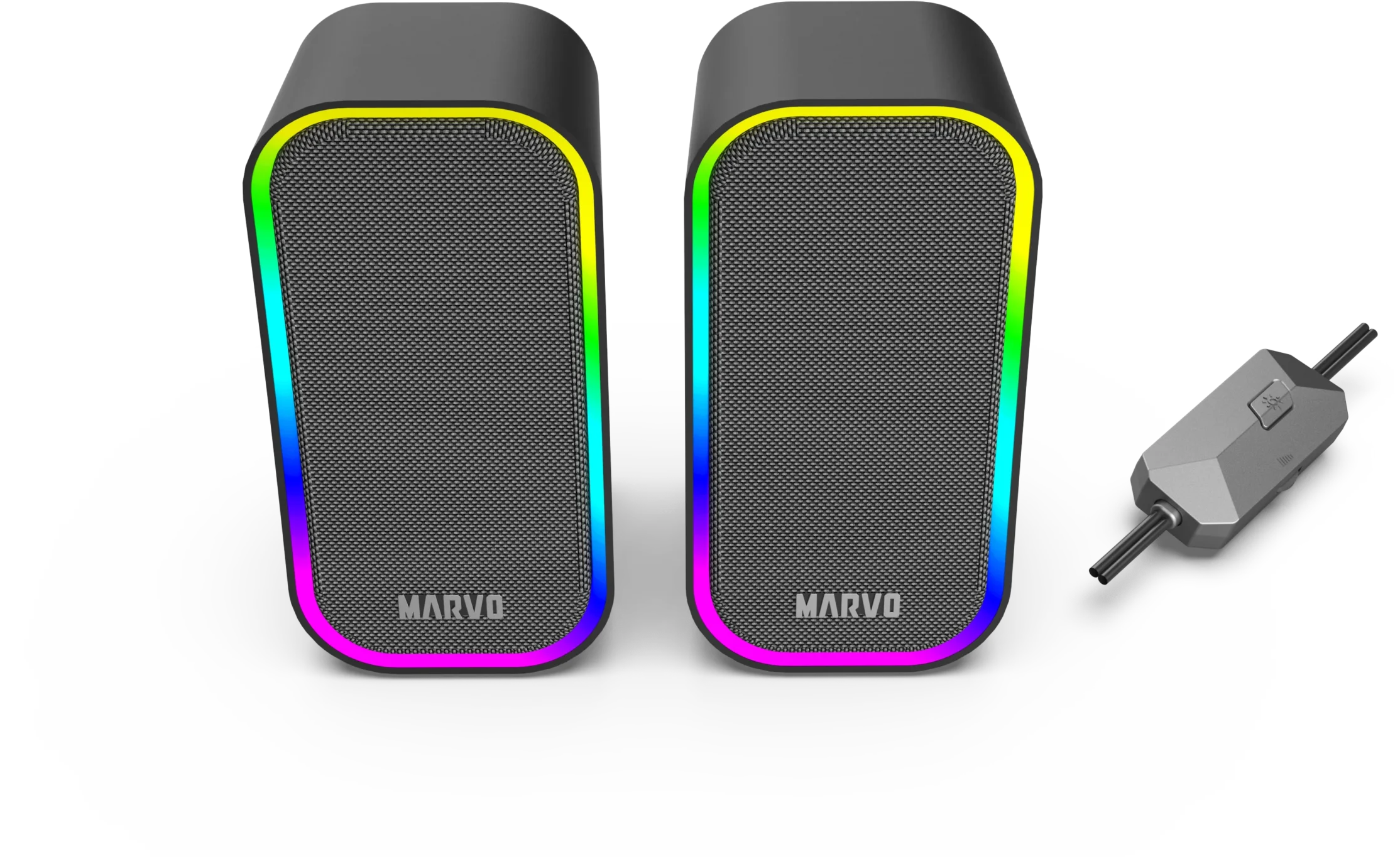 Két Marvo hangszóró RGB világítással és ezüst hangerőszabályzóval.