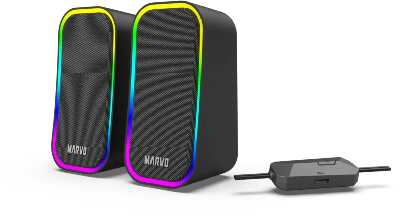 Két fekete hangszóró színes RGB élekkel és egy vezérlőegységgel.