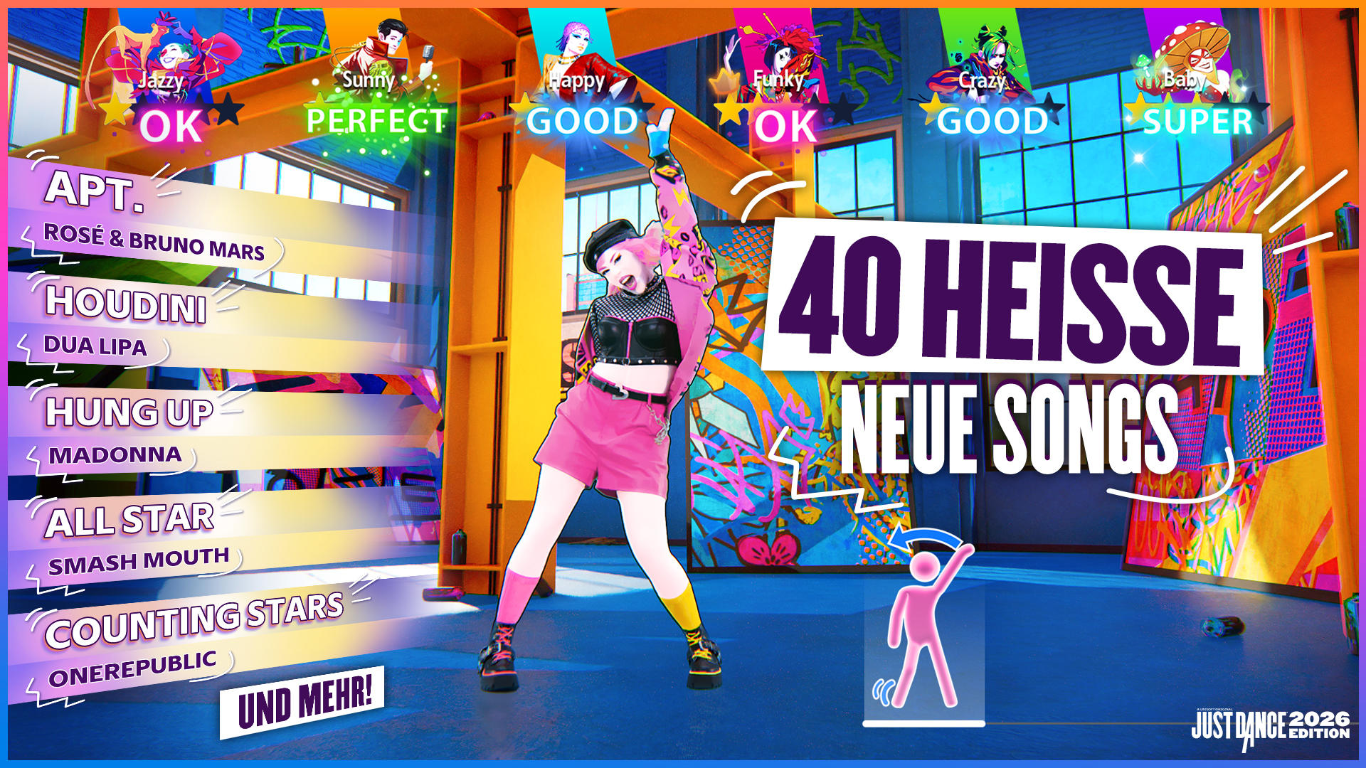 Ein Tänzer in Pink und Schwarz tanzt vor einer bunten Wand mit Songliste und Text.
