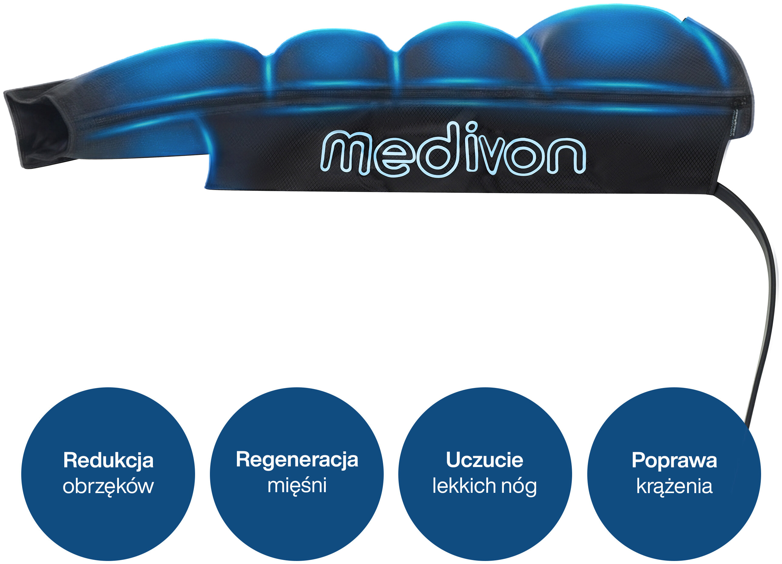Urządzenie medyczne z świecącymi niebieskimi komorami, z napisem 'medivon'.