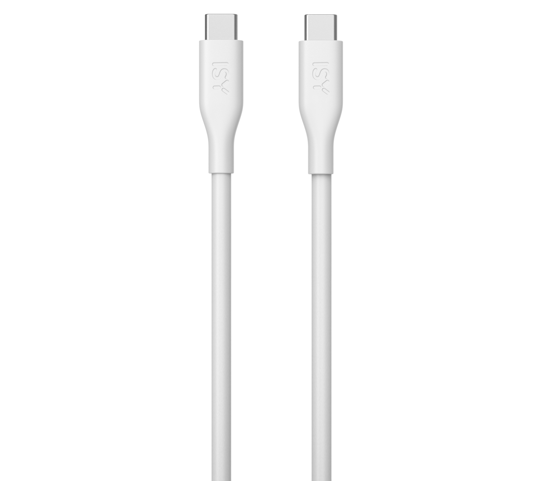 Zwei weiße USB-C-Kabel mit ISY-Logo, nebeneinander.