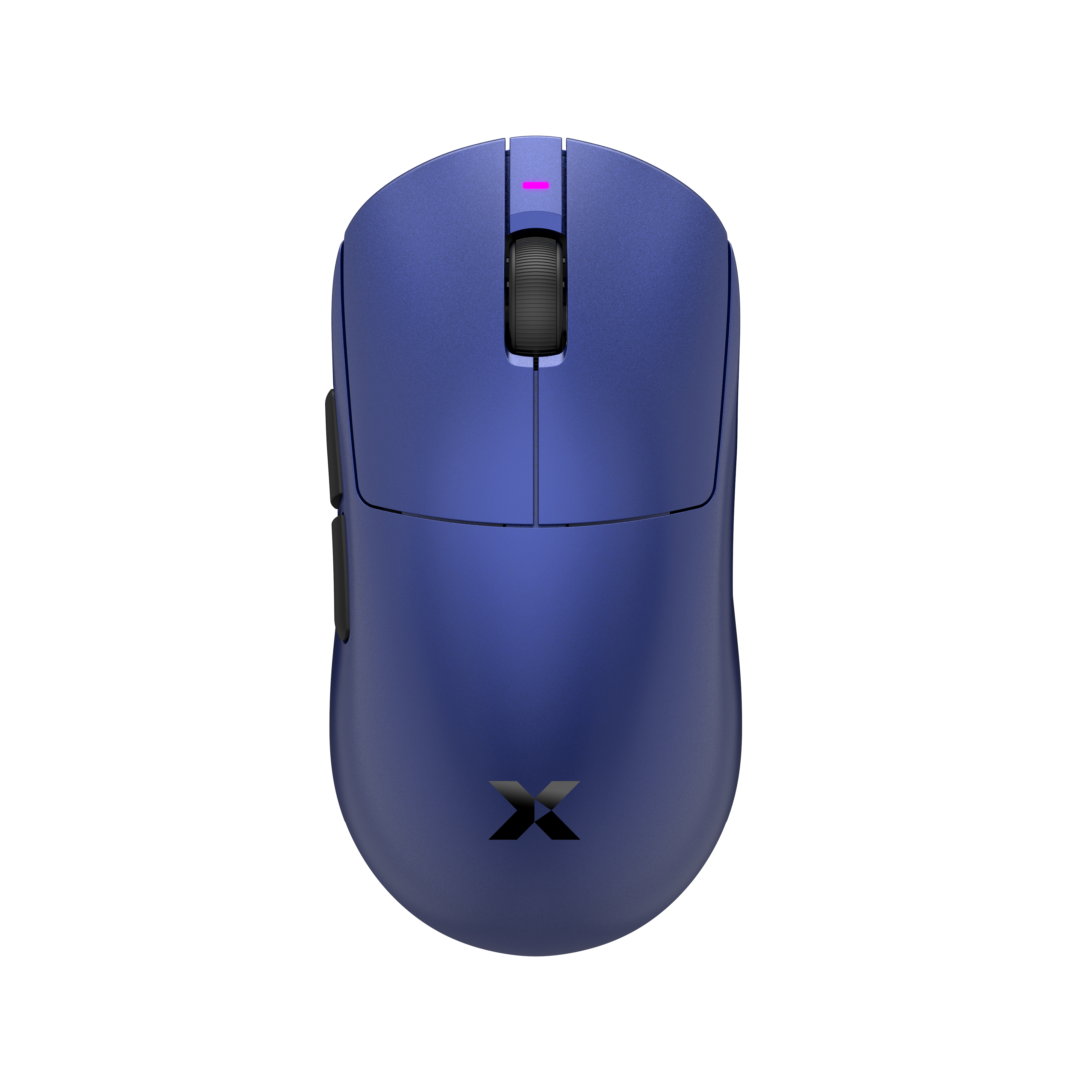 Eine blaue Gaming-Maus mit schwarzem Rad und Logo auf schwarzem Hintergrund.