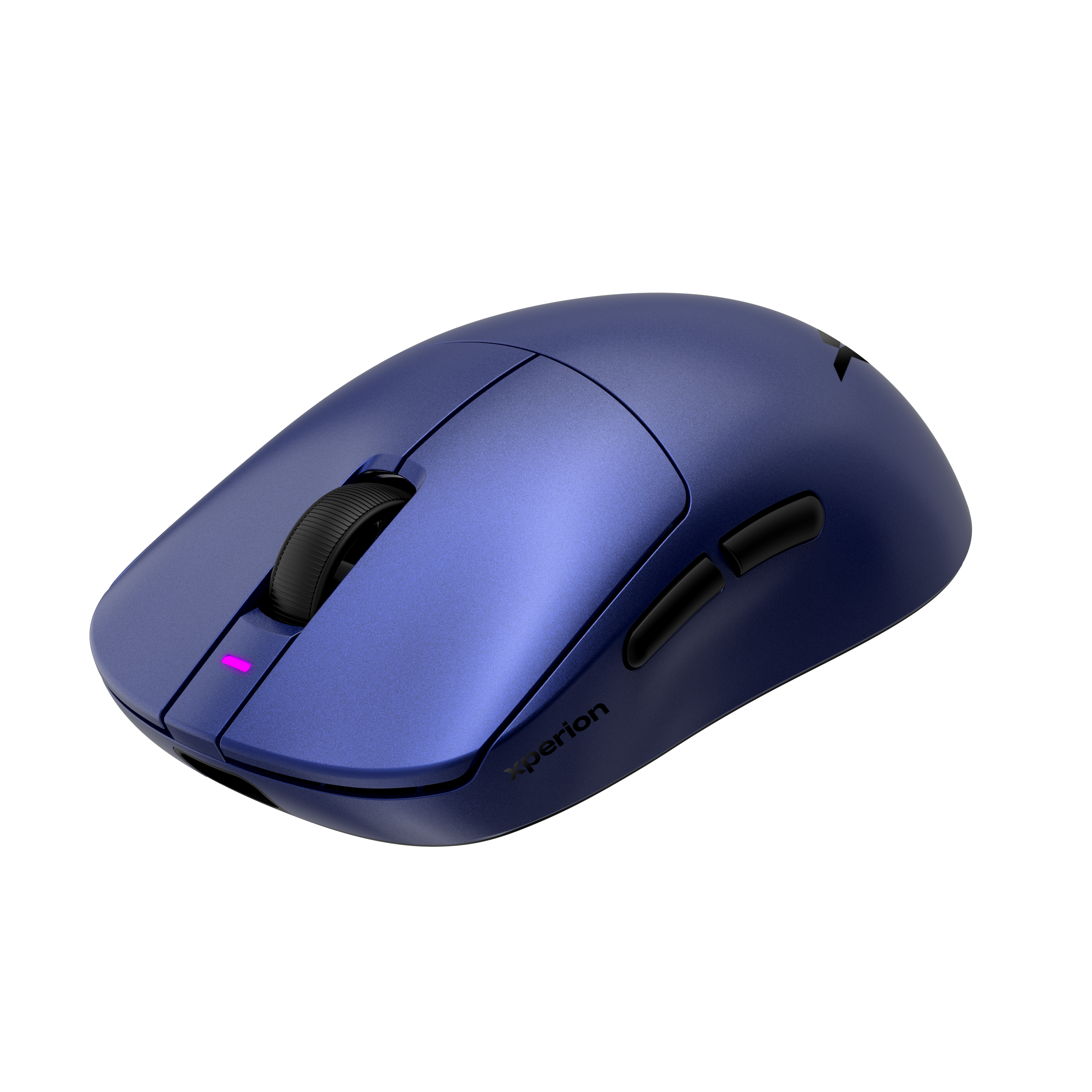 Eine blaue kabellose Maus mit einem schwarzen Scrollrad und pinker LED.