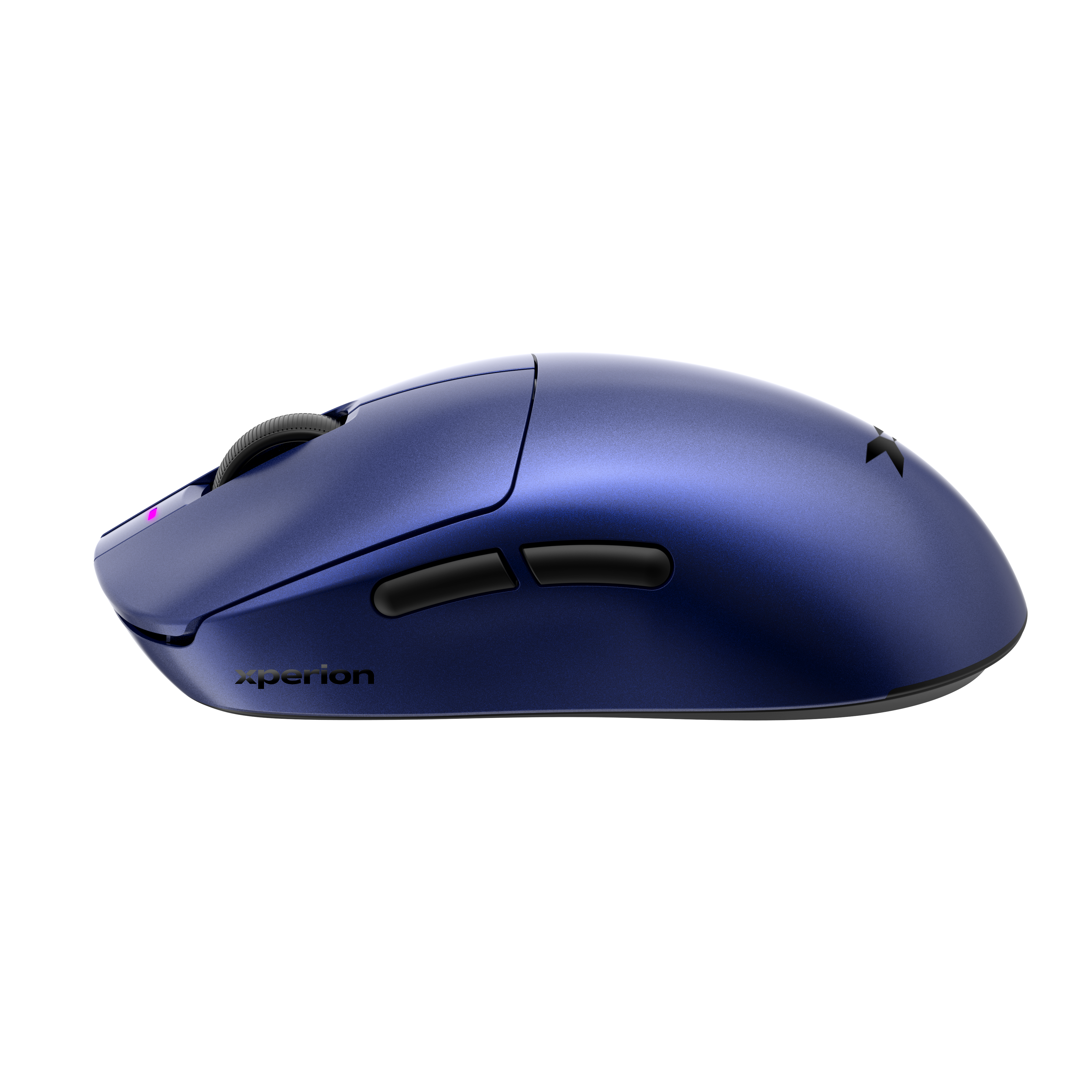 Eine blaue Gaming-Maus mit einem Rad und zwei Tasten auf schwarzem Hintergrund.