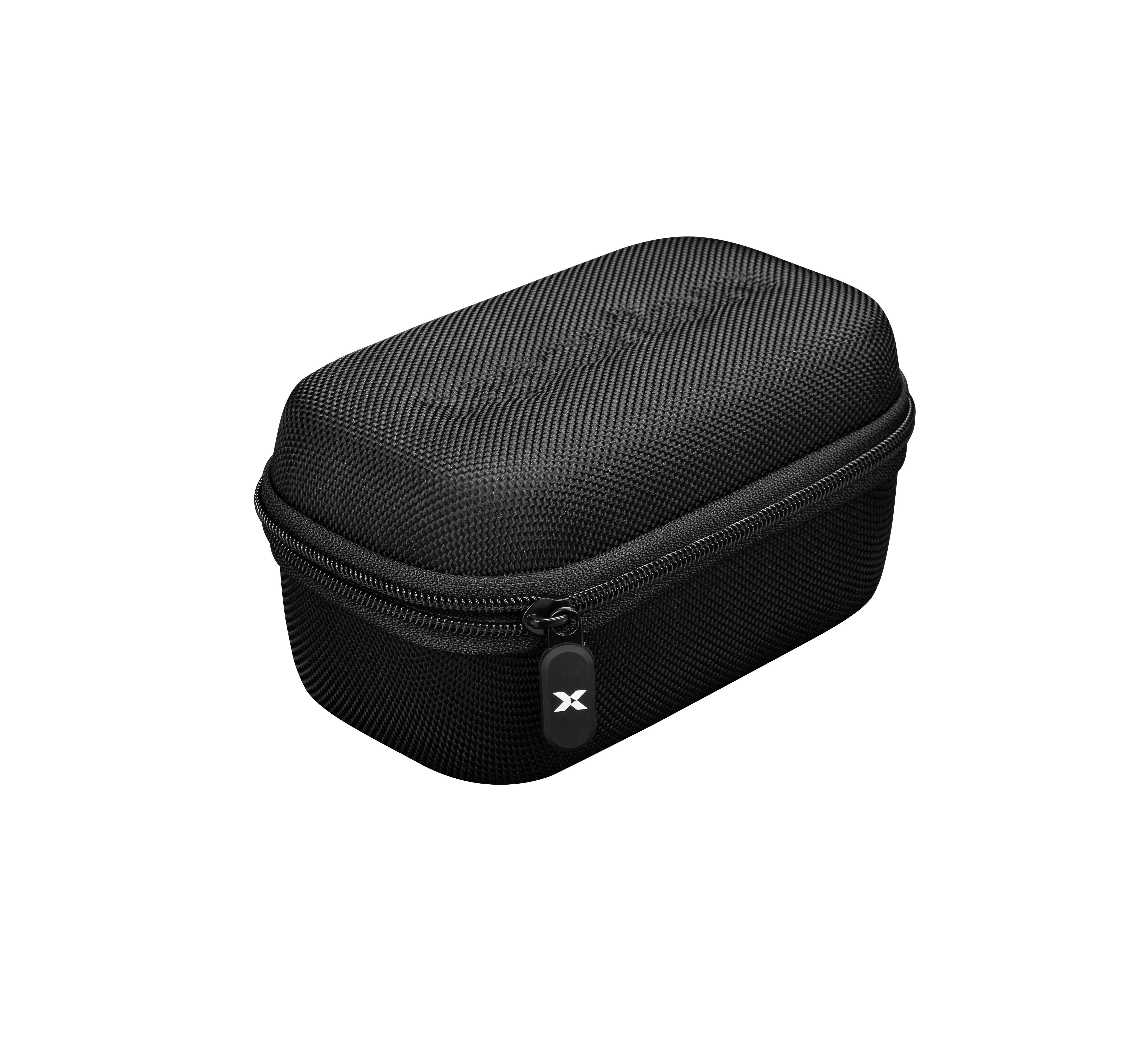 Schwarze, rechteckige Tasche mit Reißverschluss und weißem X-Symbol.