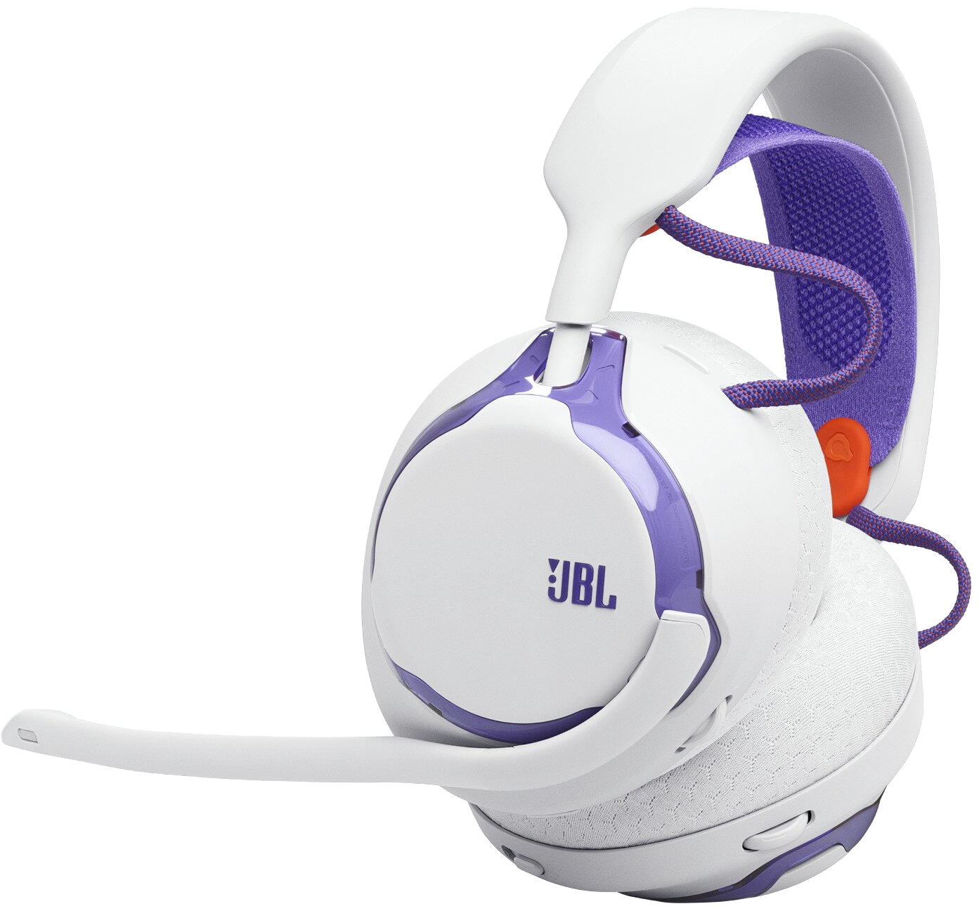 Białe słuchawki z fioletowymi akcentami i mikrofonem. Logo JBL na nauszniku.