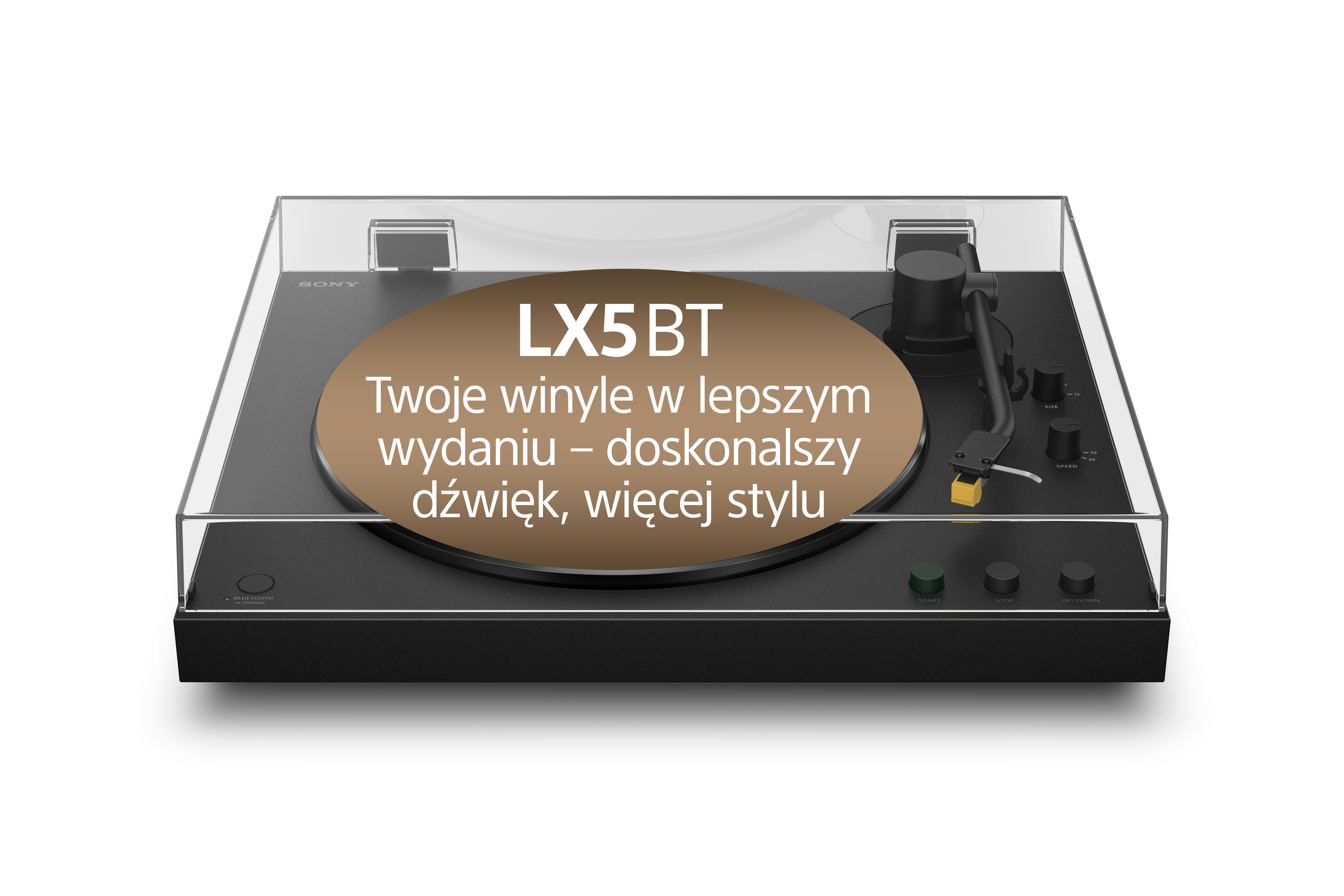 Czarny gramofon z przezroczystą pokrywą, model SONY LX5 BT.