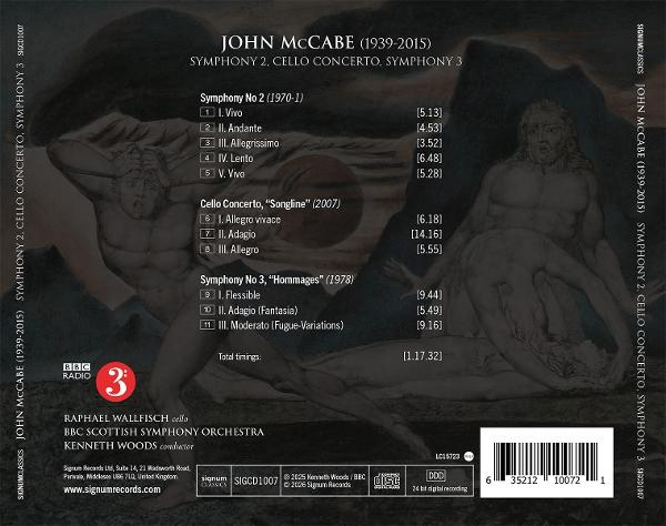 CD-Rückseite mit John McCabes Symphonien und Cellokonzert, mit Kunstwerk.