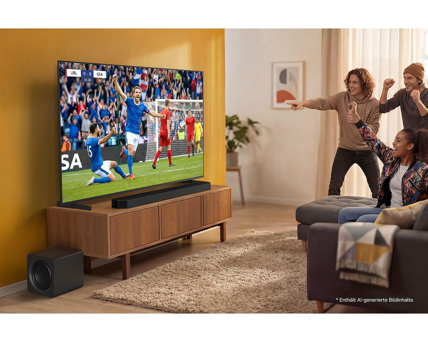Freunde schauen Fußball auf einem großen Fernseher, Jubeln, eine Soundbar und ein Subwoofer sind auf einem Holzschrank.
