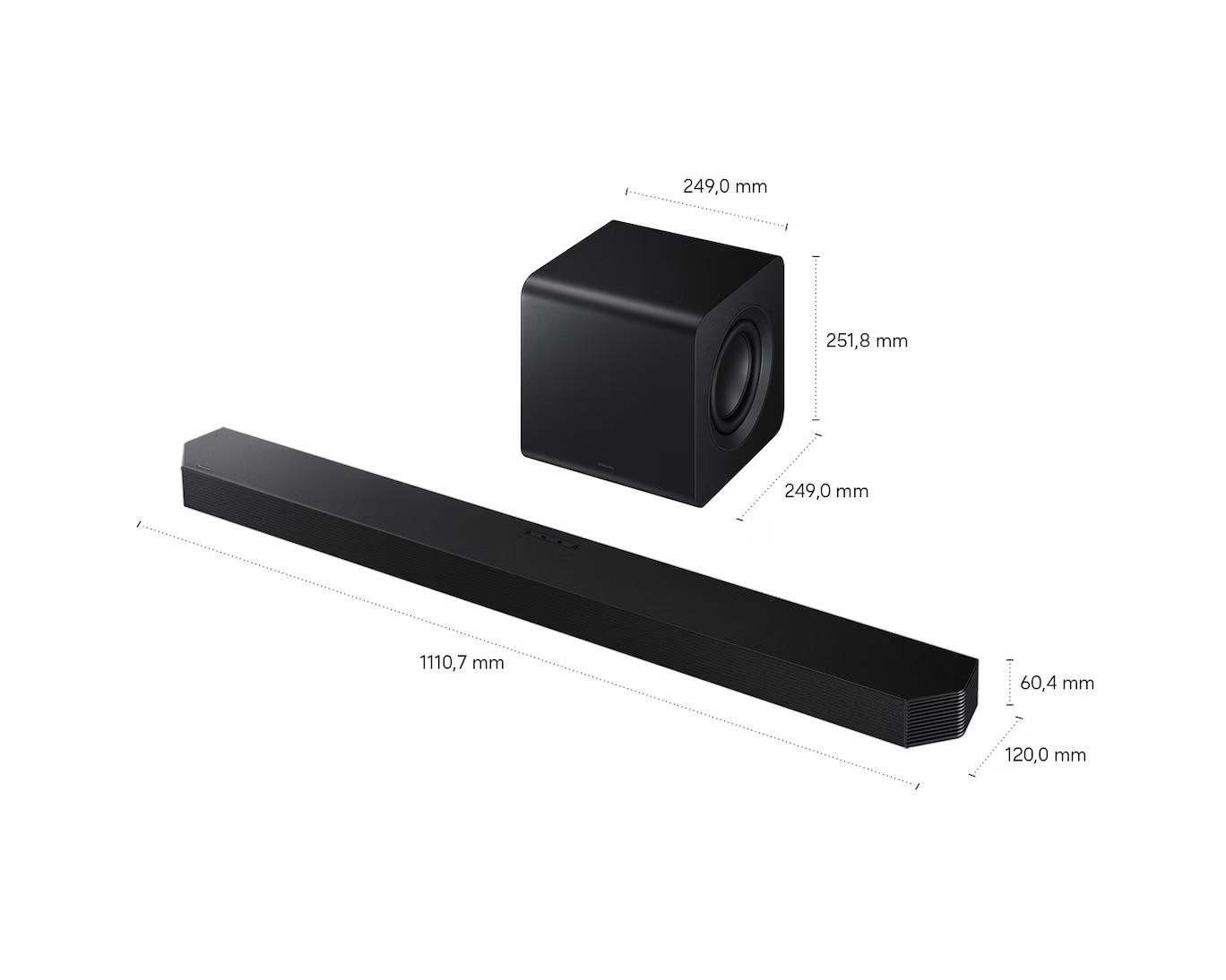 Schwarze Soundbar und Subwoofer mit Maßen.