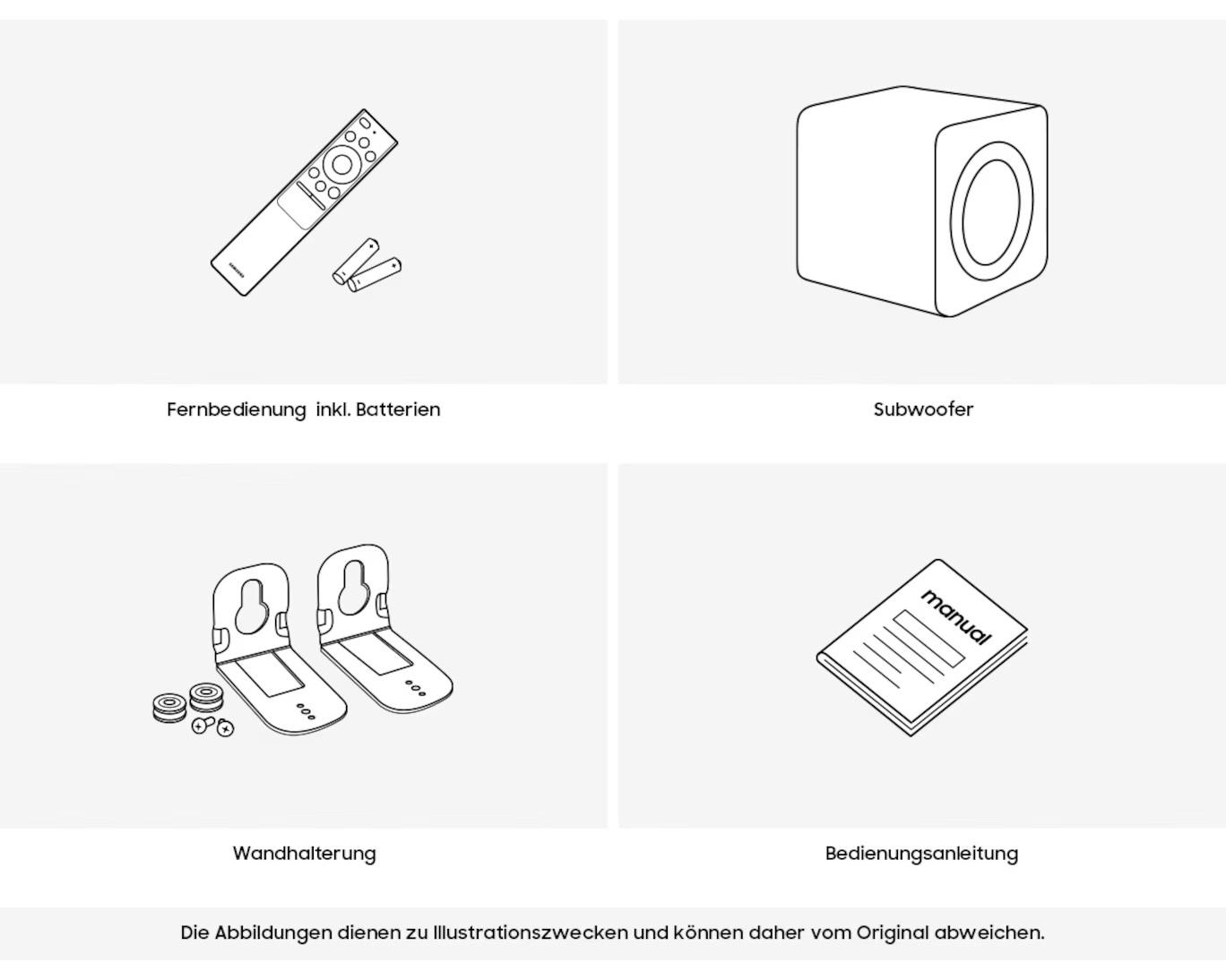 Illustrationen: Fernbedienung, Subwoofer, Wandhalterung, Anleitung.