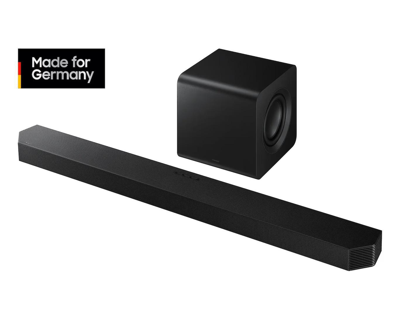 Schwarzer Soundbar und Subwoofer mit 