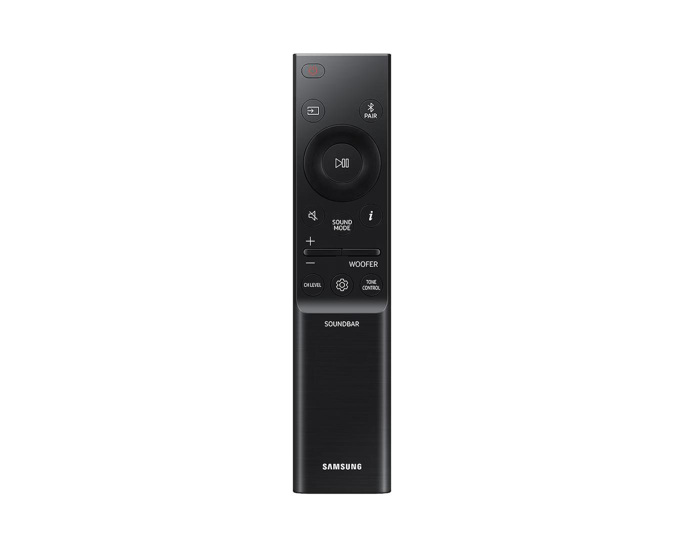 Schwarze Samsung Soundbar Fernbedienung mit Tasten für Ein/Aus, Quelle, Paar, Play/Pause, Soundmodus, Lautstärke und Subwoofer.