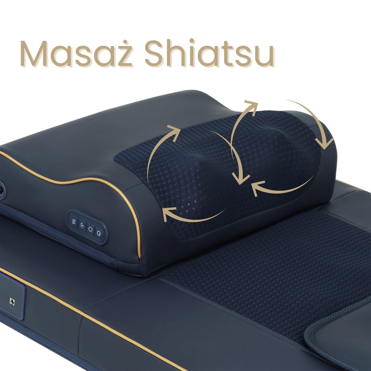 Granatowa poduszka do masażu Shiatsu z żółtym wykończeniem i strzałkami wskazującymi ruch.