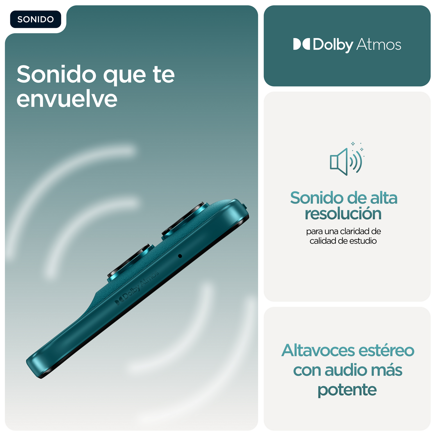 Sonido que te envuelve. Dolby Atmos. Sonido de alta reslución. Altavoces estéreo con audio más potente