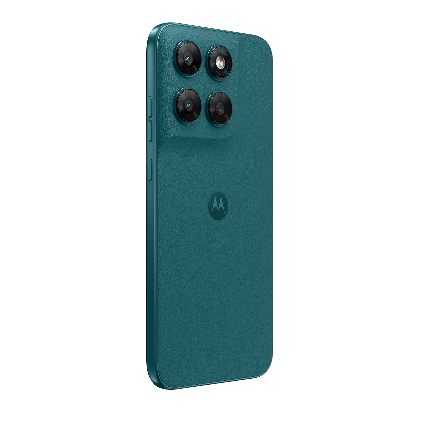 Reverso de un smartphone Motorola turquesa con cuatro cámaras y logo.