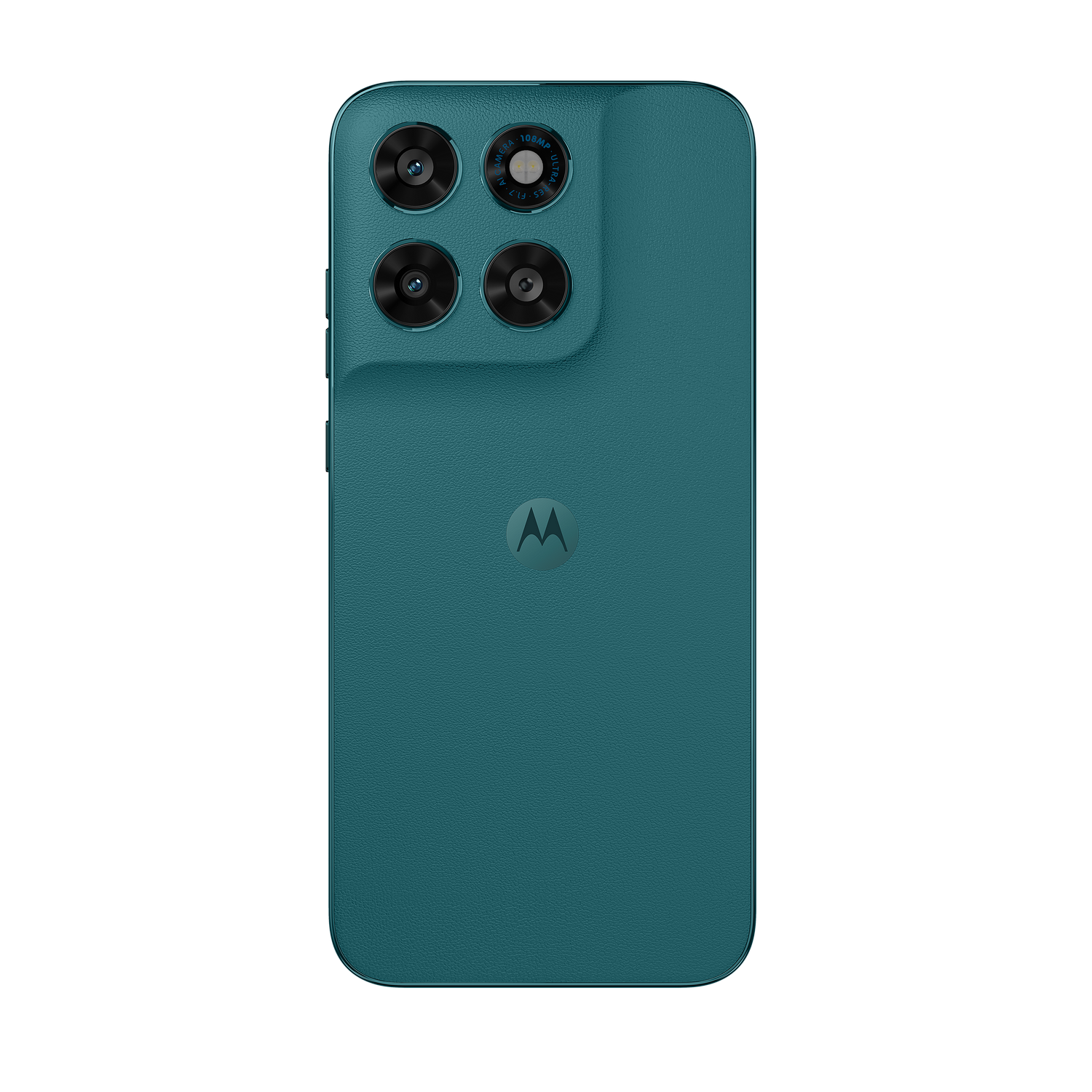 Parte trasera de un smartphone Motorola verde azulado con cuatro cámaras y un logo.