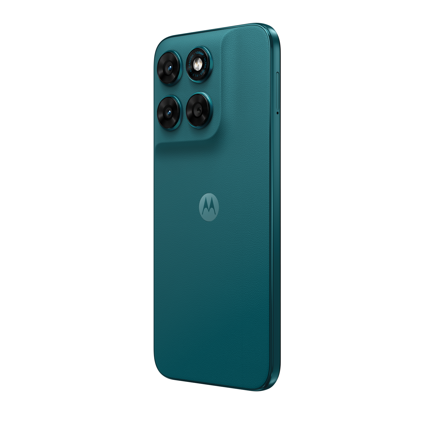 Parte trasera de teléfono Motorola turquesa con cuatro cámaras y logo Motorola.