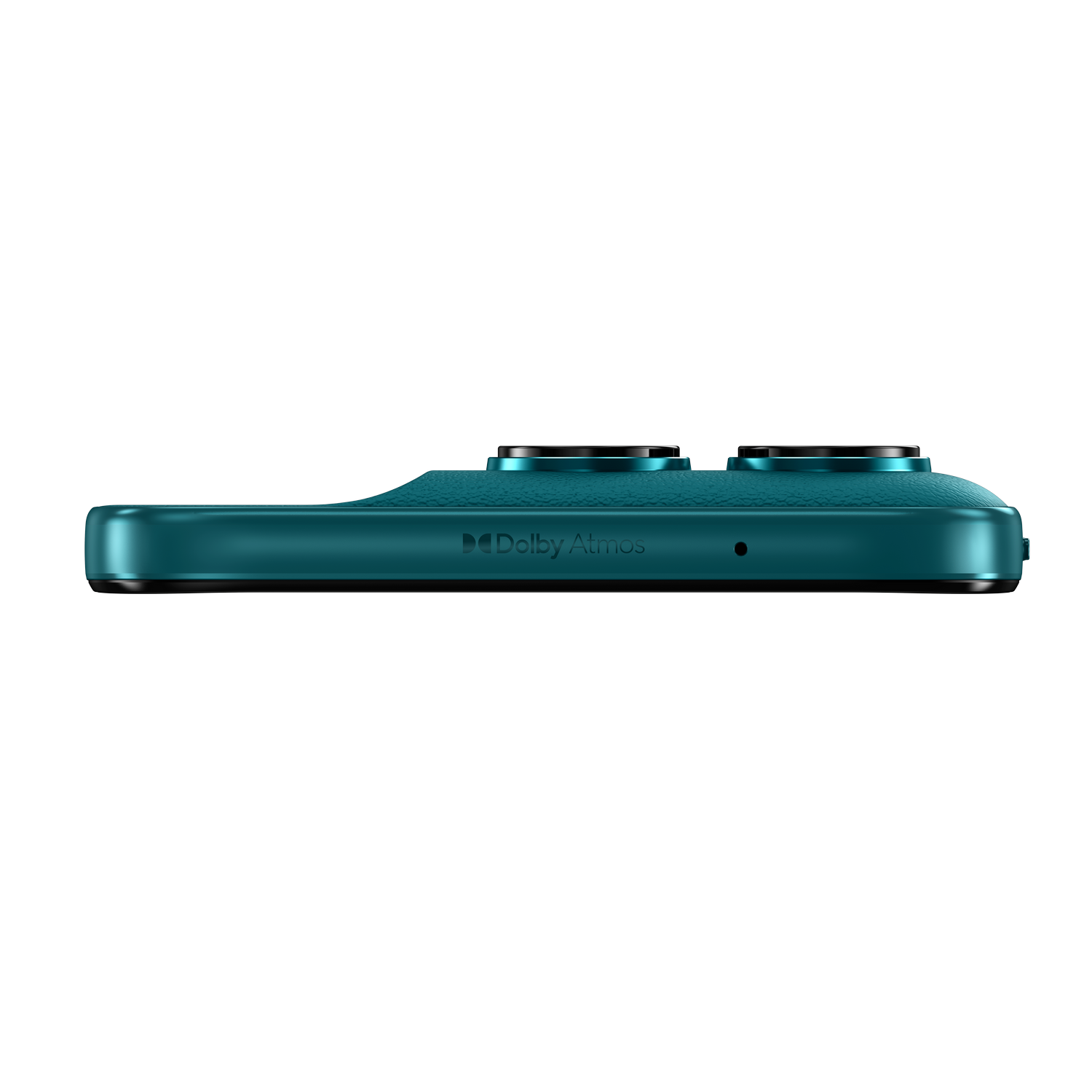 Primer plano de un smartphone verde azulado con dos cámaras y logo Dolby Atmos.
