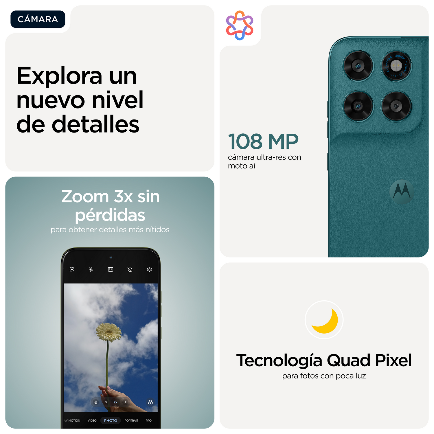 Explora un nuevo nivel de detalles. Zoom 3x sin pérdidas. 108MP, cámara ultra-res con moto ai. Tecnología Quad Pixel para fotos con poca luz.
