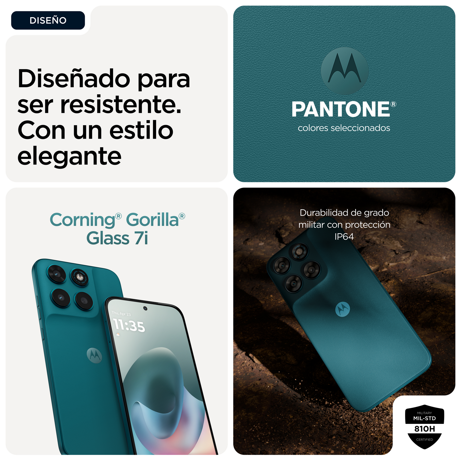 Diseñado para ser resistente. Con un elegante estilo. Corrning Gorilla Glass 7i. Durabilidad de grado militar con protección IP64.