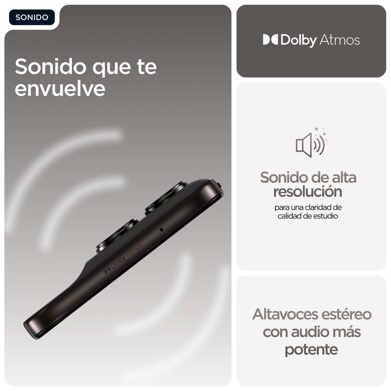 Sonido que te envuelve. Dolby Atmos. Sonido de alta resolución para una claridad de estudio. Altavoces estéreo con audio más potente